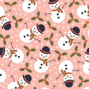 Snowmen and Holly - white, red and green on salmon pink - Large scale by Cecca Designs