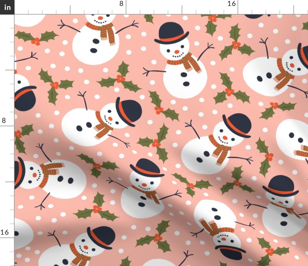 Snowmen and Holly - white, red and green on salmon pink - Large scale by Cecca Designs