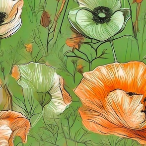 Large scale orange poppies and green flowers