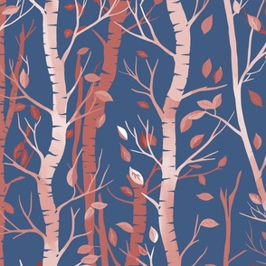  red  and pink birch trees  and falling leaves in stripes on a blue background - large scale