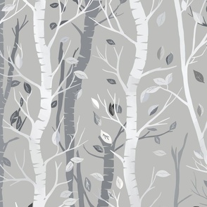  Birch trees  and falling leaves in stripes on a light grey background - large scale
