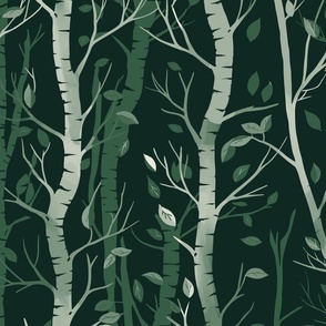  green birch trees  and falling leaves in stripes on a dark green background - large scale