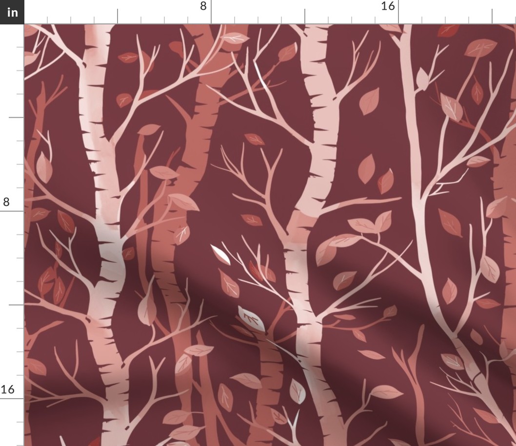  Birch trees and falling leaves  in shades of red, in stripes on a dark red background - large scale