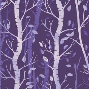 Shades of purple birch trees and falling leaves in stripes on a dark violet background - large scale