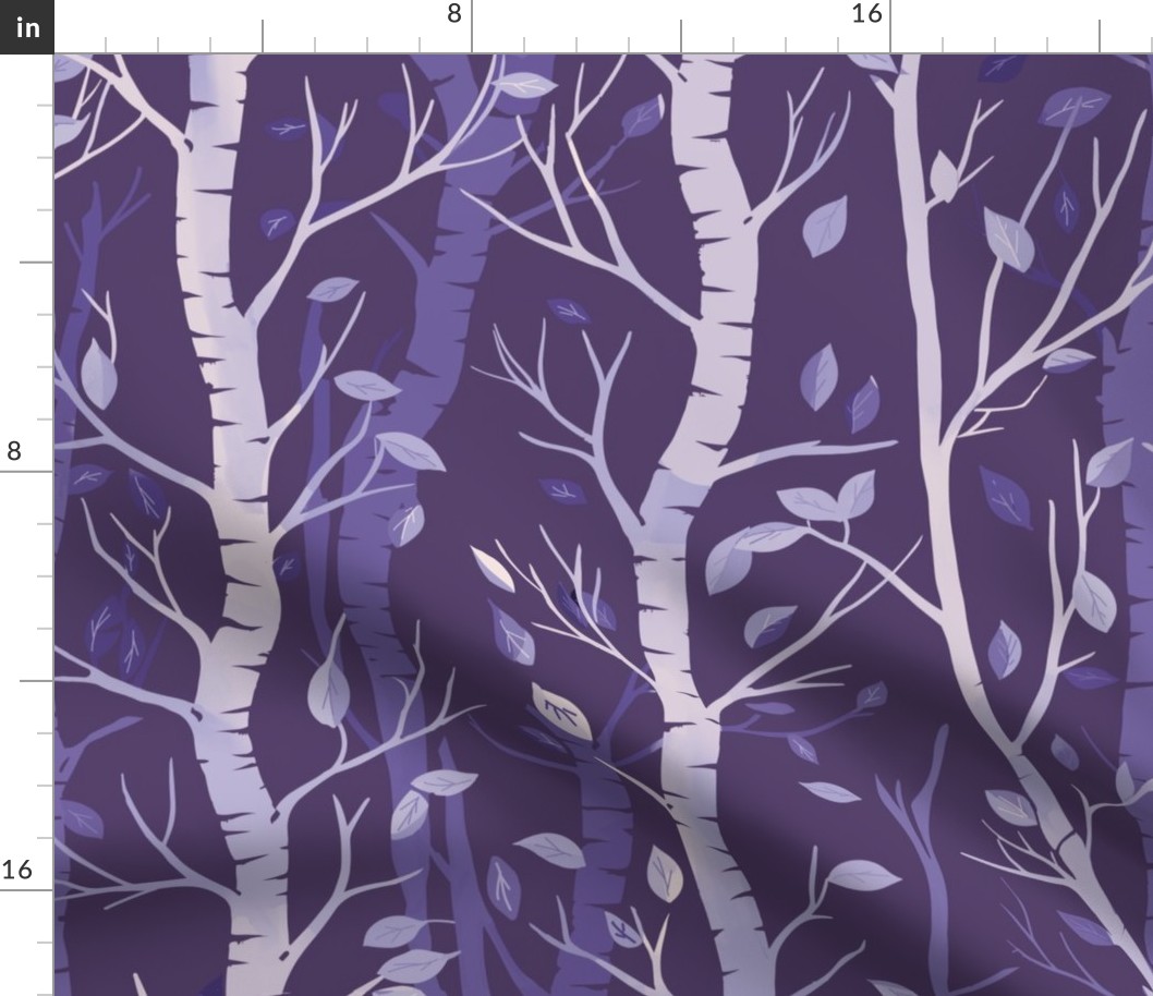 Shades of purple birch trees and falling leaves in stripes on a dark violet background - large scale