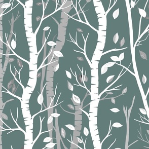 grey and white birch trees  and falling leaves in stripes on a green background - large scale