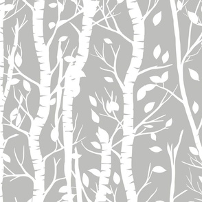 white birch trees  and falling leaves in stripes on a light grey background - large scale