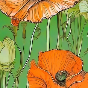 Orange and green poppies flowers large scale