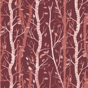  Birch trees and falling leaves  in shades of red, in stripes on a dark red background - medium scale