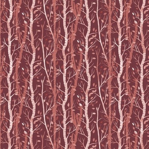  Birch trees and falling leaves  in shades of red, in stripes on a dark red background - small scale