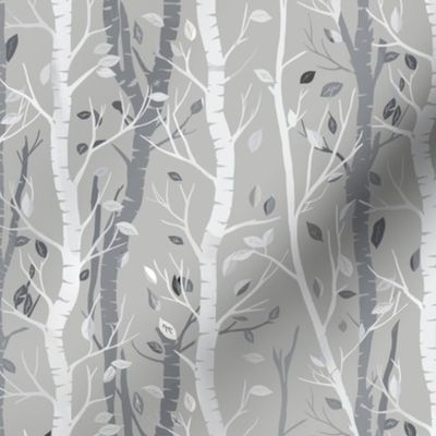  Birch trees  and falling leaves in stripes on a light grey background - small scale