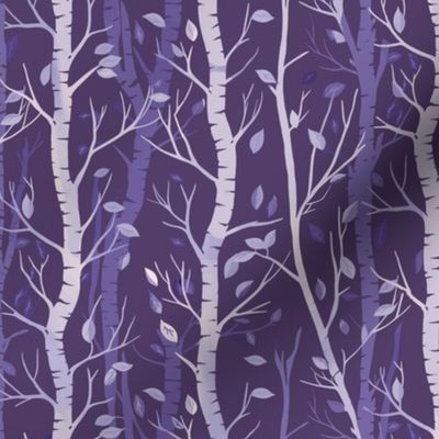 Shades of purple birch trees and falling leaves in stripes on a dark violet background - small scale