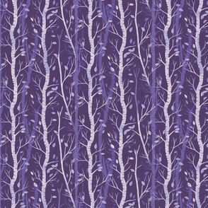 Shades of purple birch trees and falling leaves in stripes on a dark violet background - small scale