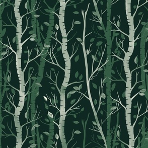  green birch trees  and falling leaves in stripes on a dark green background - medium scale