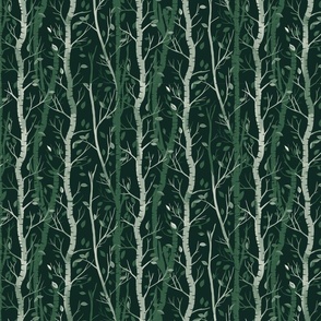  green birch trees  and falling leaves in stripes on a darl green background - small scale