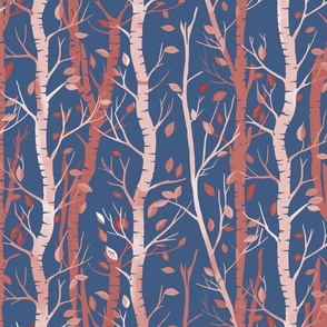 red green birch trees  and falling leaves in stripes on a blue background - medium scale