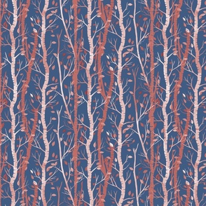  red  and pink birch trees  and falling leaves in stripes on a blue background - small scale