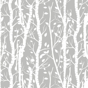white birch trees  and falling leaves in stripes on a light grey background - medium scale