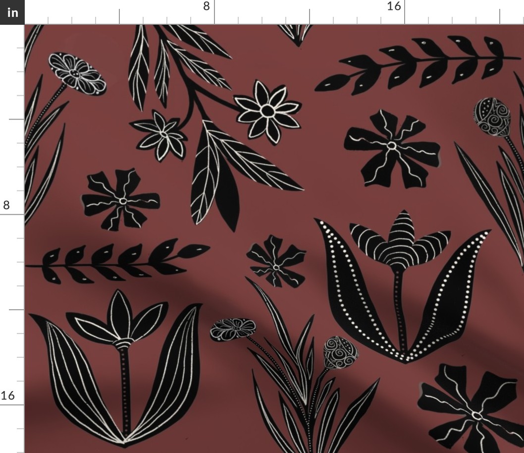 Block print pattern brown and black floral