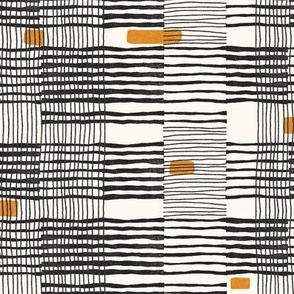 Small Plaid-ish Criss-Crossed Stripes In Soft Black on Off White Ecru with Orange Accents