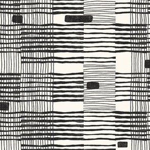 Small Plaid-ish Criss-Crossed Stripes In Soft Black on Off White Ecru with Soft Black Accents