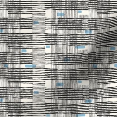 Mini Plaid-ish Criss-Crossed Stripes In Soft Black on Off White Ecru with Light Blue Accents