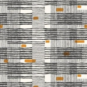 Mini Plaid-ish Criss-Crossed Stripes In Soft Black on Off White Ecru with Orange Accents