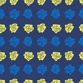 M Colorful Roses  Bright Yellow Rose and Cobalt Blue Rose (Bright Blue) on Indigo Blue (Dark Blue - Navy Blue) - Classic Horizontal Stripes - Mid Century Modern
