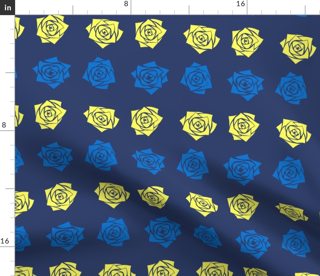 M Colorful Roses  Bright Yellow Rose and Cobalt Blue Rose (Bright Blue) on Indigo Blue (Dark Blue - Navy Blue) - Classic Horizontal Stripes - Mid Century Modern