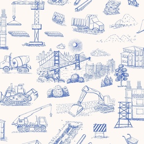 [Wallpaper] City in Progress: Toile de Jouy Delight with Construction Marvels, construction vehicles digger, concrete mixer, crane, dump truck, building, suspension bridge, cityscape, blue and white