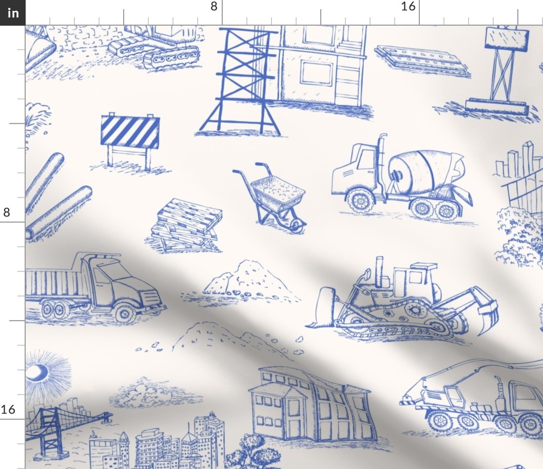 [Wallpaper] City in Progress: Toile de Jouy Delight with Construction Marvels, construction vehicles digger, concrete mixer, crane, dump truck, building, suspension bridge, cityscape, blue and white