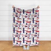 Geometric pattern of red blue beige fabric scraps