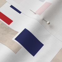 Geometric pattern of red blue beige fabric scraps