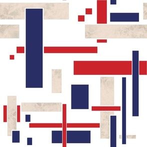 Geometric pattern of red blue beige fabric scraps