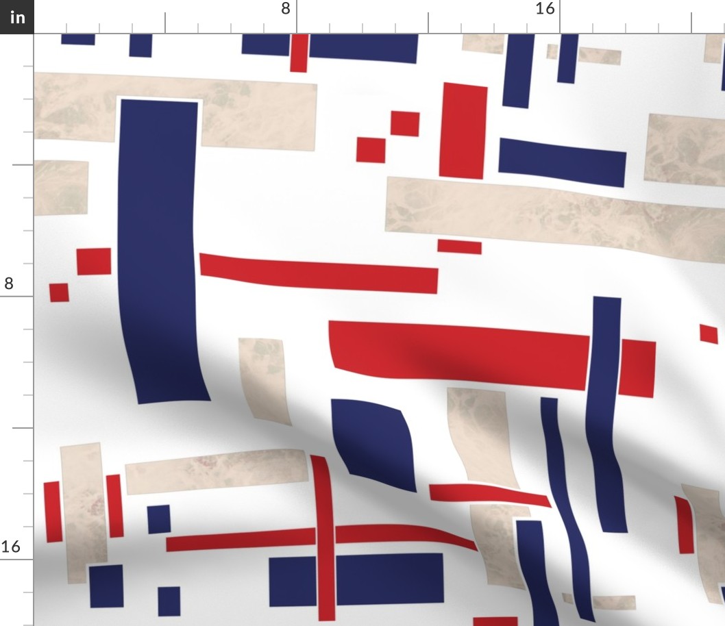 Geometric pattern of red blue beige fabric scraps