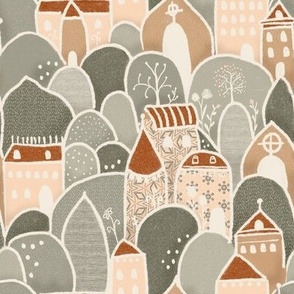 Playful whimsical cityscape in shades of warm red, natural green and soft peach - summer is here!