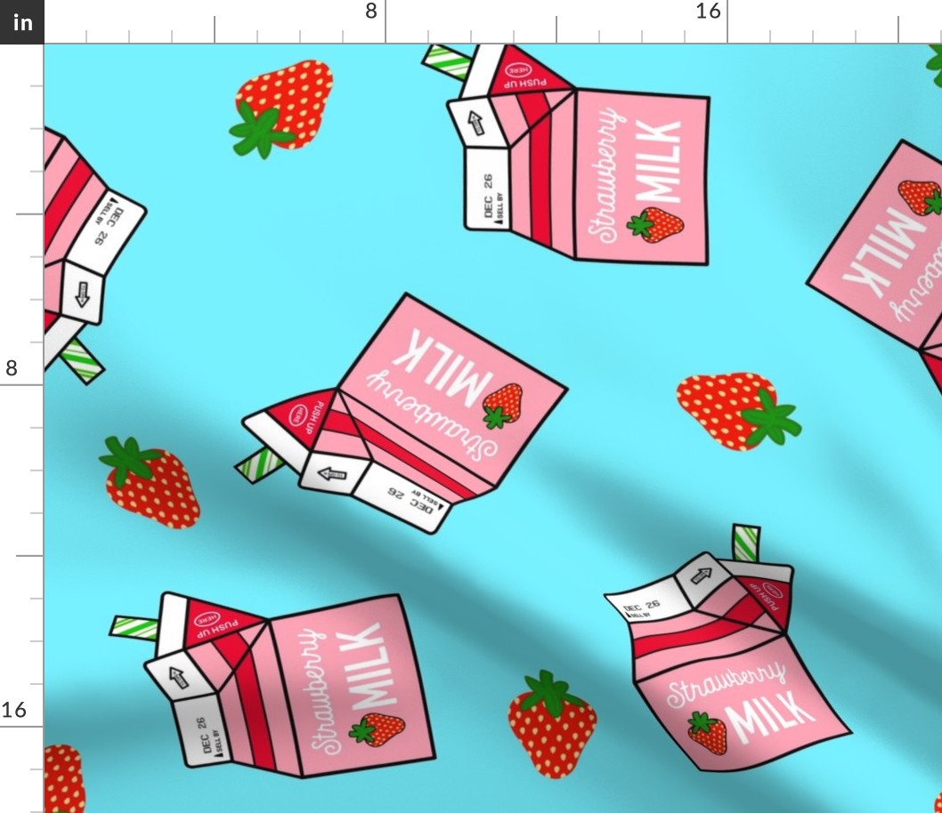 Strawberry Milk Carton With Straw & Strawberries On A Light Turquoise Background 
