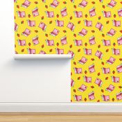 Strawberry Milk Carton With Straw & Strawberries On A Yellow  Background 