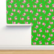 Strawberry Milk Carton With Straw & Strawberries On A Green Background 