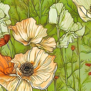 Large scale poppies flowers peach and green