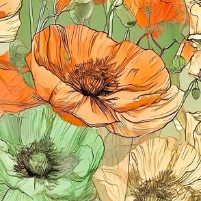 Large scale orange and green poppies flowers