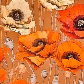 Large scale beige and orange poppies flowers