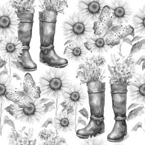 Farmhouse Floral Boots Sunflowers Butterfly Gray