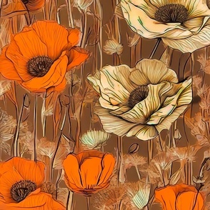 Large scale poppies flowers orange  beige brown background