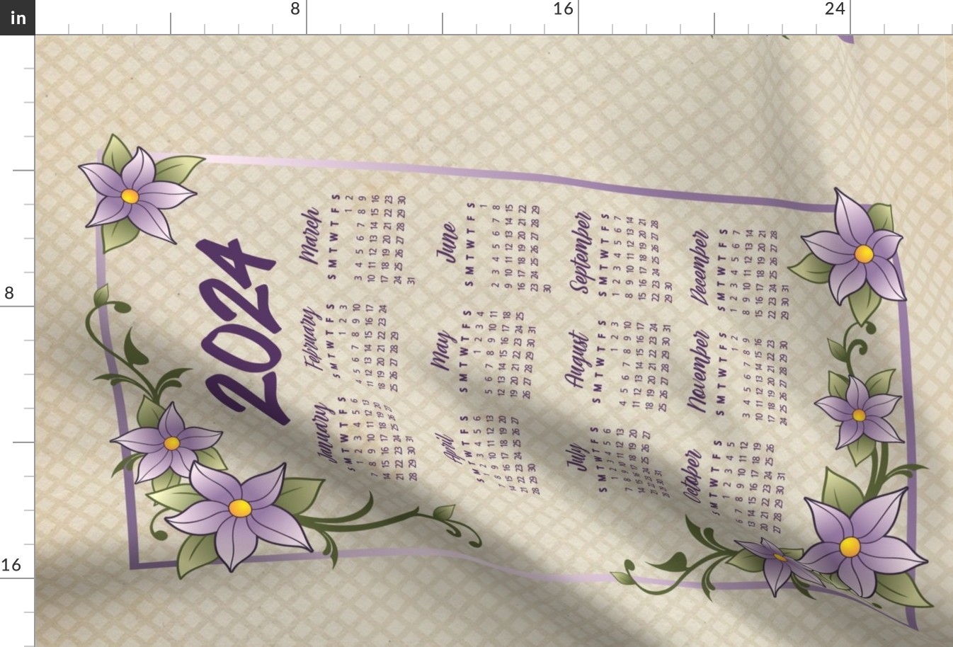 2024 Calendar Lavender Floral SUNDAY START ©Julee Wood - TO PRINT CORRECTLY choose FAT QUARTER in any fabric 54" or wider