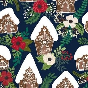 Gingerbread Houses and Christmas Florals - Small Scale - Navy Background Cookies Icing Dessert