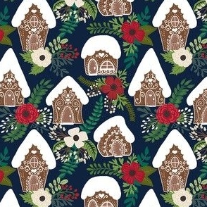 Gingerbread Houses and Christmas Florals - Ditsy Scale - Navy Background Cookies Icing Dessert