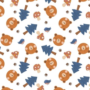 Woodland Bear and Blue Bird on White, Bear Fabric, Brown Bear, Nursery Fabric, Nursery, Baby, Kids