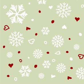 Winter Holiday Snowflakes Hearts on Green