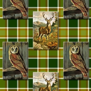 Maine Camp Owl and Deer Large Plaid Check Green Brown